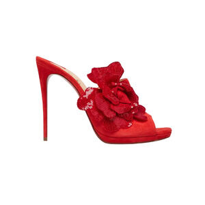 Christian Louboutin NIB Submuline 120 Coral Suede Paillette Heels Mules Sandals